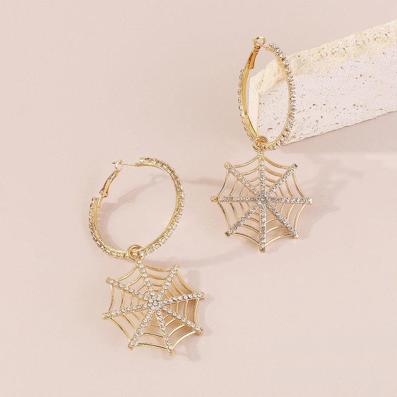 Halloween Spider Web Earrings for Women Large Gold Rhinestone Hoop