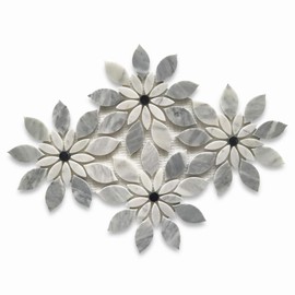 Stone Center Online Carrara White Italian Carrera Marble Wildflower Rain Flower Waterjet Mosaic Tile w/Bardiglio Gray Honed Venato Bianco Bathroom Kitchen Backsplash Floor Tile