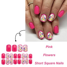 SINSEN Spring Press on Nails Colorful Flower Fake Nails, Short Square Glue on Nails Glossy Pink False Nails with Small Flowers Designs, Cute Stick on Nails for Women&Girls Nail Decorations 24PCS