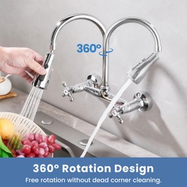 Airuida Wall Mounted Kitchen Faucet 8 Inch Center with 3 Functions Sprayer 360 Degree SwivelDouble Cross Handles Kitchen Faucets Restaurant Utility Laundry Commercial Mixer Tap Chrome Polish