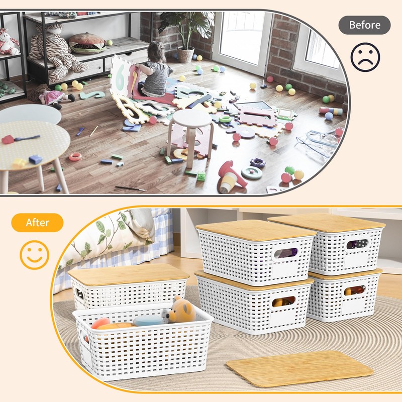 6 Pieces White Plastic Storage Baskets with Bamboo Lids with