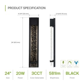 ASD LED 24 Inch Bubble Glass Wall Light Fixture | 20W 600LM 3000K-5000K 100-277V | 3CCT, Waterproof, Dimmable, ETL Listed | Exterior Flush Mount Sconce, Outdoor-Indoor Lighting | Black