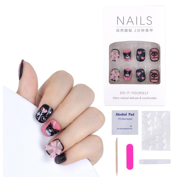 Roffatide Anime Melody Cute Press on Nails Short Square Shape Fake Nails Made by Soft Gel Lightweight Comfortable Reusable Glue on Nails Short 24 Pieces