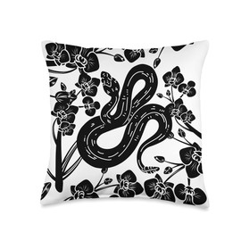 Reptile Snake Predator Animal Gift Idea Black and White Minimalist Predator Reptile Floral Snake Throw Pillow, 16x16, Multicolor