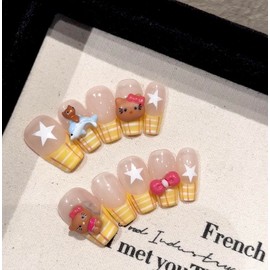 Handmade Press On Nails Yellow French Plaid New Medium Square Fake Nails 10Pcs(S)