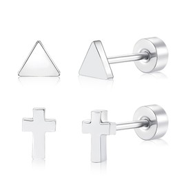 FACOKO Flat Back Earrings for Women, 2 Pairs Screwback Earrings, Titanium Crosses Earring Men, Hypoallergenic Silver Flatback Stud Earring, Triangle Earring Studs for Sensitive Ears