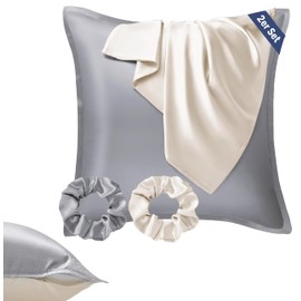 Seiwohl Satin Cushion Cover 40 x 40 cm, Set of 2, Soft as Silk Pillowcase Silk Pillowcase, Vegan Silk Pillowcase Cushion Cover Silk Pillow for Hair and Skin with Hair Elastics, Beige Grey