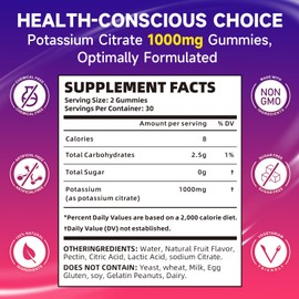 Potassium Citrate Gummies for Adults, Sugar-Free Potassium 1000mg Support Leg Cramps & Electrolyte Balance High Potency 60 Count