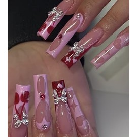 Aegenacess Press on Nails Square - Extra Long Fake Nails with 3D Bows, Pink French Tips Cute Red False Nail, Stick On Nails for Women, 12 Sizes - 24 Nail Kit, Cherry Love