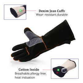 YOUYA Extreme Heat & Fire Resistant Gloves Leather with Kevlar Stitching,Perfect for Fireplace, Stove, Oven, Grill, Welding, BBQ, Mig, Pot Holder, Animal Handling, Black-Grey 14in/35cm