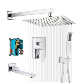 Tub Spout Shower Faucet, Luxury Rain Mixer Shower Combo Set, Wall Mounted Rainfall Shower System, 10 Inch Rain Shower Head, Chrome(Contain Rough-in Valve Body and Trim)