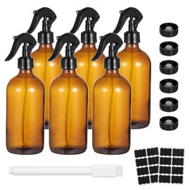 OMISTAR 6 Pcs 16 oz Amber Glass Spray Bottles for Cleaning - Empty Glass Spray Bottle Set with Labels and Pen, Refillable Container for Essential Oils, Trigger Sprayer, Adjustable Nozzl, Leakproof