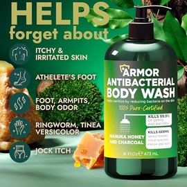 Antibacterial Body Wash | Antibacterial Soap for Men & Women | Kills 99.9% of Germs & Bacteria | Helps with Back Acne, Body Odor & Skin Irritation | Manuka Honey & Charcoal | Includes Scrubber16 fl oz