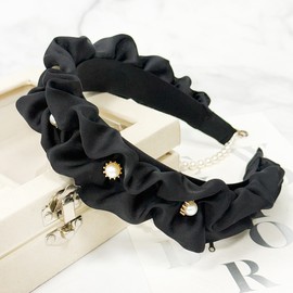 Burnaby black frill pearl pendant hairband wide headband / 버나비 블랙 프릴 진주 팬던트 헤어밴드 넓은머리띠