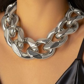 Chunky Silver Necklace for Women Layered Silver Cuban Link Chain Carabiner Necklace Silver Statement Necklace Thick Choker Necklace Paperclip Chain Toggle Bar Clasp Necklaces Christmas Stocking Stuffers Jewelry Gifts Hip-hop Jewelry （Silver-Chain）