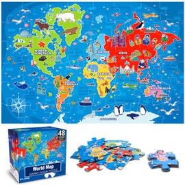 Jumbo Floor Puzzle for Kids,World Map Jigsaw Geography Puzzles,48 Piece Globe Atlas Puzzle with Continents,United States Puzzle for Ages 3-5,Preschool Learning Toys Gift for 4-8 Years Old