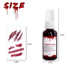 2pcs Halloween Fake Blood Makeup Kit 1oz, Halloween Dripping Blood Spray Makeup with Scar Stickers, Realistic Safe Washable Liquid Blood, SFX Cut Wound Makeup for Vampire Zombie Monster