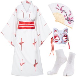 Japanese Anime Women's Kimono Robe Geisha Yukata Sweet Dress Blossom Satin Bathrobe Sleepwear Fans Tabi Socks Set White Sakura Plus Size