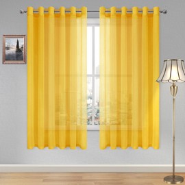 DWCN Yellow Semi Sheer Curtains, Grommet Top Window Sheer Curtains Drapes for Bedroom Living Room, Faux Linen Look Voile Transparent Solid Sheer Curtains Set of 2 Panels 70 x 63 Inches Long, Yellow