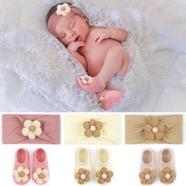 COZYOFFI Baby Flower Headband and Socks: Cute Headband and Socks Sets for Toddler Newborn Infant Girl Pink Khaki Beige