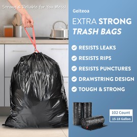 Geiteoa 15-18 Gallon Black Trash Bags with Drawstring (102 Count) Fit 16, 17 Gal High Density Large Garbage Bags, Strong Plastic Trash Can Liners for Kitchen Lawn Commercial