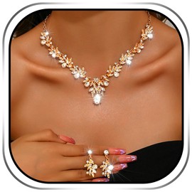 Urieo 2 PCS Crystal Wedding Jewelry Sets for Bride Women Gold Rhinestone Necklace Earring Set Leaf Earrings Party Prom Jewelry
