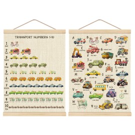 HKTZM Transportation Wooden Alphabet Poster Number Poster 12.5x17 Inch,Car Poster Alphabet Number Educational Posters For Toddler,Learning Posters For Nursery Playroom Decor Set Of 2