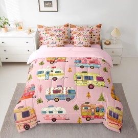 Feelyou Colorful Camping Car Comforter Set with Sheets Twin Size Kids Pink Happy Camping 7 Pieces Bedding Set Boys Girls RV Camping Bed in a Bag Camper Accessories for Travel Trailers Bed Set