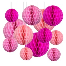 Paquete de 12 bolas de panal de papel de seda, pompones, cumpleaños, baby shower, decoración de boda, mezcla pequeña (tono rosa)