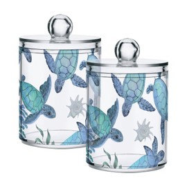 ALAZA Bathroom Canister Set of 2, Beach Coastal Turtles Plastic Jars Holder Dispense Qtip Holder Storage Jars with Lids,Home Decor