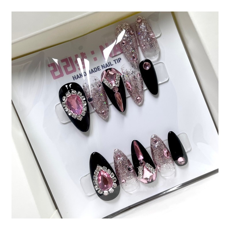 Queen of Pink Full Stone Handmade Nail Tips - White