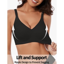 Wireless Seamless Comfort Supportive Push Up Bra No Underwire Full Coverage Bralettes T Shirt Everyday Sleep Bras, Black, S