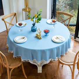 GOEXCPL Round tablecloth made of cotton and linen with fringes, sky blue, diameter 120 cm, suitable for round tables from 60-80 cm diameter