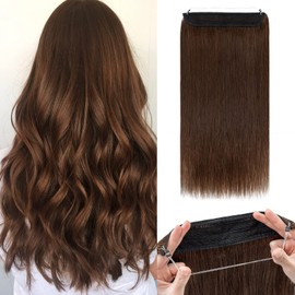 Benehair Human Hair Extensions Thick Ends Invisible Wire Real Human Hair with 2 Fish Lines Thicker Hairpieces 16 Inch 90g Medium Brown Hair Extensions Straight Thicker Hairpieces for Women #4