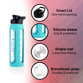 Asbirg Fitness | 24 oz Glass Protein Shaker Bottle – BPA-Free, Leakproof Lid, Stainless Steel Mixing Ball & Silicone Sleeve – Gym Shaker for Smoothies, Shakes & Pre-Workout – Aqua