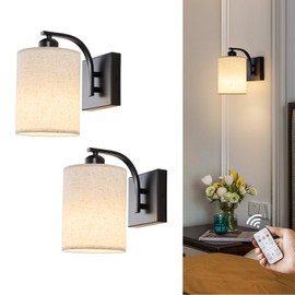 Powfloven Black Rechargeable Battery Operated Wall Sconces Set of 2 with Remote, Wireless Dimmable Battery Powered LED Wall Lights, Cordless Wall Lighting Lamp Fixture for Bedroom Living Room