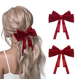 Dalababa 2 Pcs Bow Hair Clips, Solid Color French Barrette with Soft Silky Satin Bow Ribbon, Hair Accessories for Women Girls Party Festival Birthday Wedding(Red)
