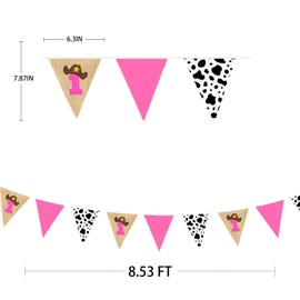 Western Cowgirl 1st Birthday Burlap Pennant Banner Flag Cow Pattern Hot Pink Triangle Fabric Bunting Garland with Felt 1 Sign for Girl Rodeo One Years Firt Birthday Party Decorations Supplies