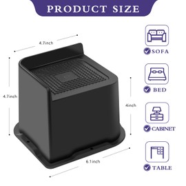 Sunifier Bed Risers 4 inch Heavy Duty 6 Pack, L Shape Furniture Risers 4 inch Support 5000LBs, Oversized Lifts Risers for Dorm Beds Frame, Sofa, Desk, Couch, Chairs Legs (Black 6-Pack,4 inch)