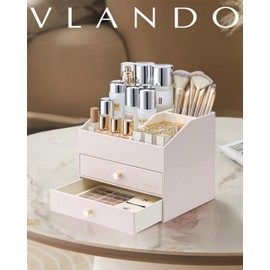 Vlando Makeup Organizer,Skincare Organizer for Vanity，PU Leather Make up Organizer with Drawers Cosmetic Display Case for Countertop,Bathroom,Gifts Ideas for Women (Apricot White)