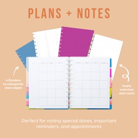 Happy Planner Undated Plans + Notes Monthly Planner Notebook Journal, 12-Month Planner, Colorblock Brights Theme, Big Size, 95 Pages, 4 Dividers, 12 Planner Sticker Sheets, 8 1/2" x 11"