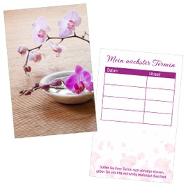PRINTINO ‎ 100 Stampable Appointment Cards for Wellness, Massage, Beauty, Nail Salon, Hairdresser with Zen Motif and Pink Orchid Blossom - 4 Large Appointment Fields and Stamp Surface