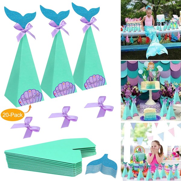 FunMove 20 Pack Mermaid Sweet Candy Boxes Mermaid Tail Box Paper Gift Bag Birthday Little Mermaid Party Favor for Xmas Christmas Mermaid Birthday Party Baby Shower Decor Wedding Bridal Tails Bows