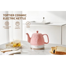 Toptier Electric Ceramic Tea Kettle, Boil Water Quickly and Easily, Detachable Swivel Base & Boil Dry Protection, Carefree Auto Shut Off, 1 L (1 LITER, Light Pink)