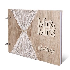 Wedding Guest Book Wooden Wedding Guest Book Birthday Anniversary Wedding Book Hardcover with Lace 28 x 21 cm as a Gift for Wedding, Anniversary, Birthday 40 Pages