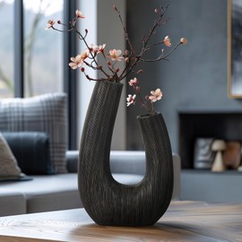 Torre & Tagus Black U Shaped Vase for Flowers - 12 Inch Tall Textured Vases for Centerpieces with 2 Openings, Sculptures Home Decor & Abstract Sculptures Home Decor for Shelf Decor Aesthetic (Alma)
