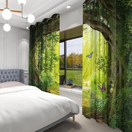 dueeia Enchanted Forest Blackout Curtains Patterned Tree Scenic Nature Green Spring Woodland Grommet Window Drapes for Bedroom Living Room Black Out 84 Inch Length 2 Panels Set, 96 in X 52 in