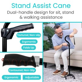 Vive 4 Prong Stand Assist Quad Cane - Walker Canes for Women & Men for Stability - 4 Leg Walking Cane for Seniors Balance - 4 Point Stand up Cane - Heavy Duty Sit to Stand Cane - Adjustable (Black)