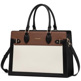 LOVEVOOK Women's Laptop Bag, fits 15.6-inch laptops, Business Tote, Waterproof PU Leather Briefcase, Office Shoulder Bag suitable for Teachers:_Black-white-brown_15.6 in
