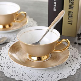 Eplze Bone China Cup and Saucer Set, 6.8oz Coffee Cup for Afternoon Tea- Embossed Texture (Gold)